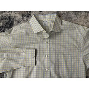 Brooks‎ Brothers Shirt Men's 16.5 34 Blue Yellow Check Classic Non Iron Supima